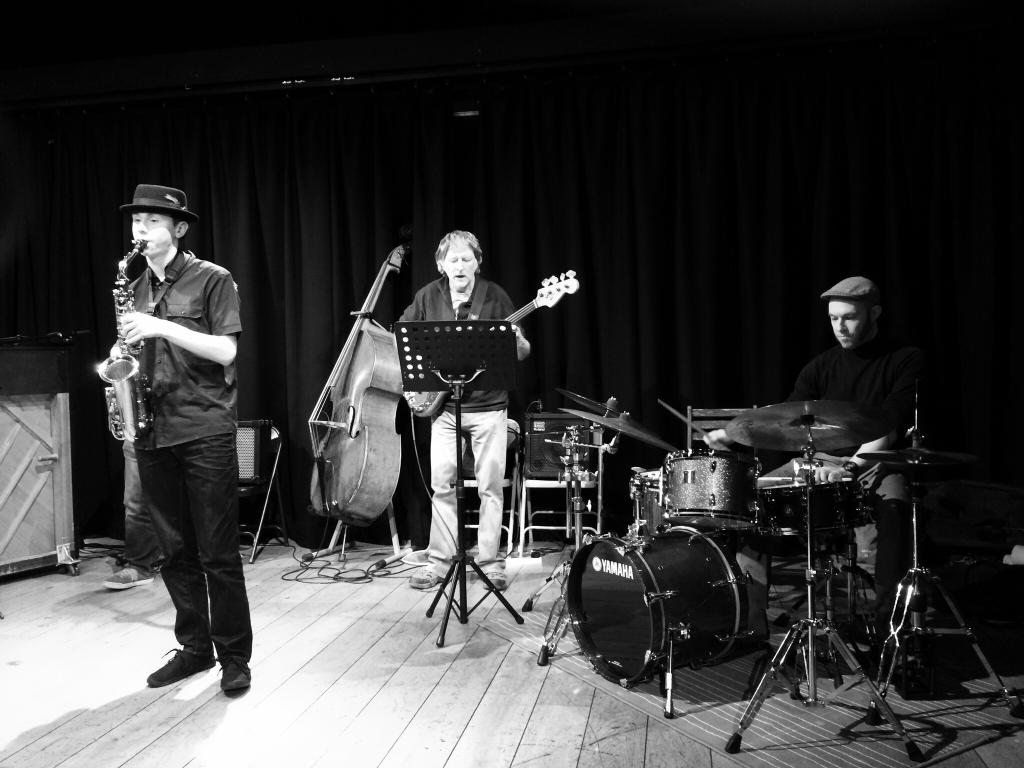 Joe Luca jazz trio in black and white